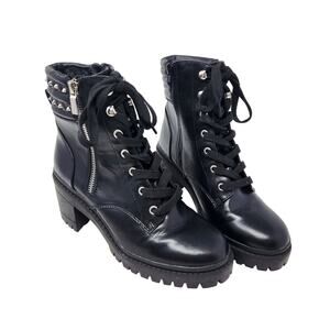 SM New York Black Lace-Up Studded Ankle Booties